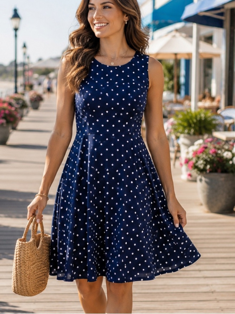Anne Klein Size 8 Navy White Polka Dot Sleeveless Fit & Flare Dress NWT